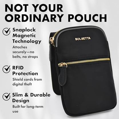 Magnetic Hip Pouch - RFID Blocking Pouch and Key Fob Protector - Zippered Pocket, Magnetic Snaplock Attachment - Lightweight Travel Wallet, Hip Bag for Concerts and Daily Errands - Black - color: Black