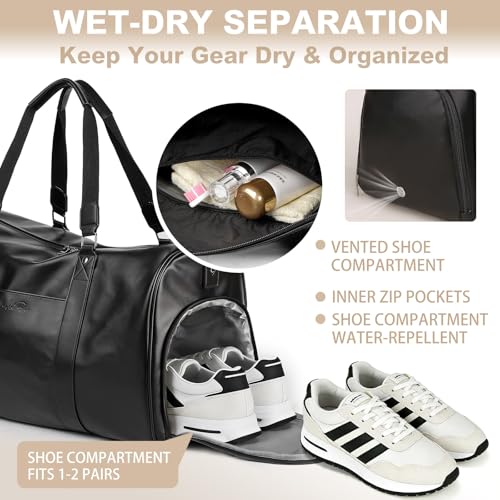 3‑PCS Leather Duffle Bag for Travel, Weekender Overnight Gym Bag Men Women - color: Black