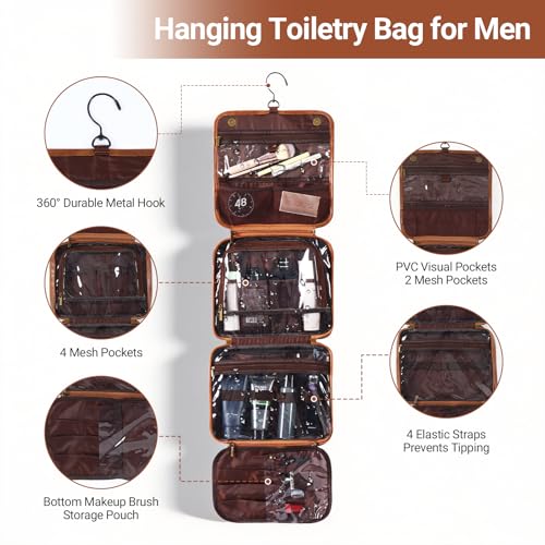 OXYEFEI Personalized Hanging Travel Toiletry Bag Gift for Men,Engraved Initial PU Leather Mens Large Toiletry Travel Essential Organizer Dopp Kit Shaving Bag for Him Birthday (B, Light Brown) - style: B