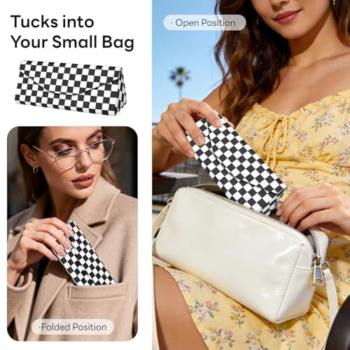 Sunglasses Case, Foldable Glasses Case, Magnetic PU Leather Hard Shell Folding Eyeglass Holder Box - color: Mosaic Grid