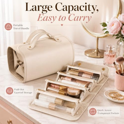 Expandable Makeup Bag Women Waterproof Cosmetic Travel Organizer - color: White
