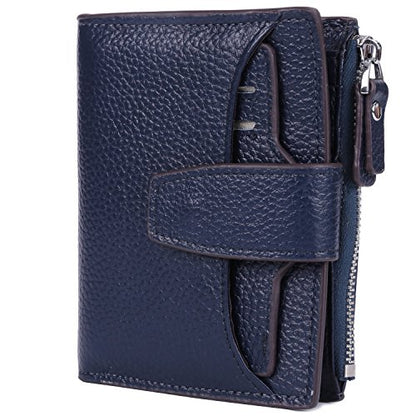 Women's RFID Blocking Leather Small Compact Bi-fold Zipper Pocket Wallet Card Case Purse with id Window - color: Lichee Navy Blue