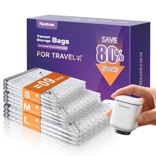 Nicetree 9-Pack Vacuum Bags for Travel with Rechargeable Pump, 3 Sizes - style: 9 Combo Set