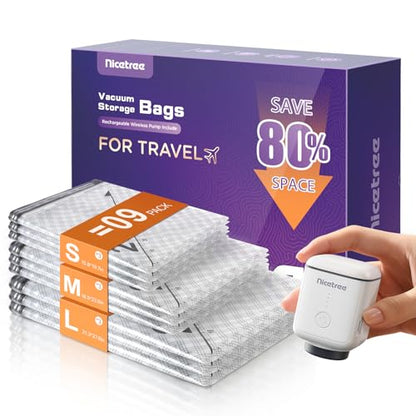 Nicetree 9-Pack Vacuum Bags for Travel with Rechargeable Pump, 3 Sizes - style: 9 Combo Set