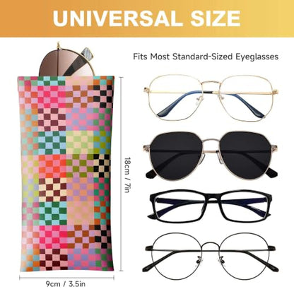 Soft Sunglasses Case for Women, PU Leather Squeeze Top Glasses Case - color: 8-colorful Checkered(2pcs)