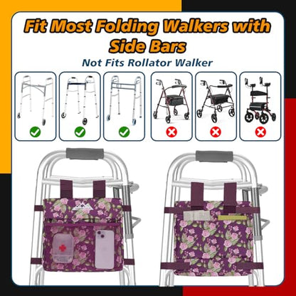 supregear Walker 사이드 백, 접이식 워커용 방수 액세서리 바스켓 파우치, 경량 핸즈프리 보관 캐리어 토트, 범용 사이즈 노인 캐디 부착물, 플로럴 퍼플 - color: 꽃무늬 퍼플