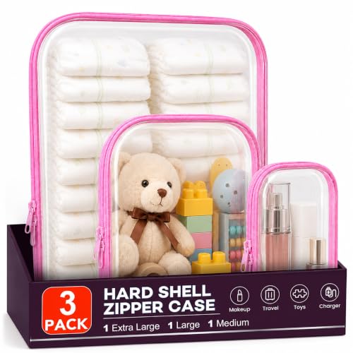 3 Pack Clear Hard Shell Zipper Case (1XL + 1L + 1M, Pink) - color: Pink(XL+L+M)
