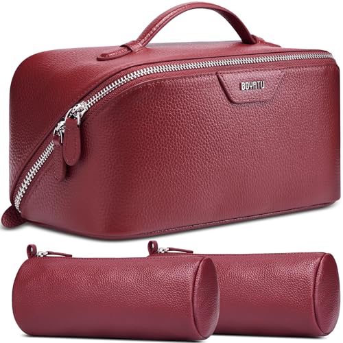 BOYATU Genuine Leather Travel Makeup Bag: Hand-made 3 Pcs Set Cosmetic Bags - color: 06Burgundy