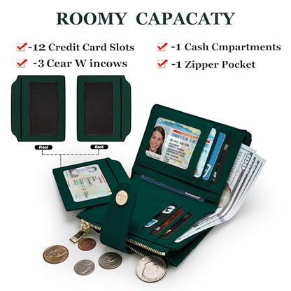 Small Womens RFID Bifold Wallet,Compact Leather Card Holder - color: Dark Green