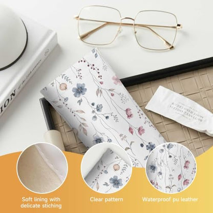 Soft Sunglasses Case for Women, PU Leather Squeeze Top Glasses Case - color: White Flowers