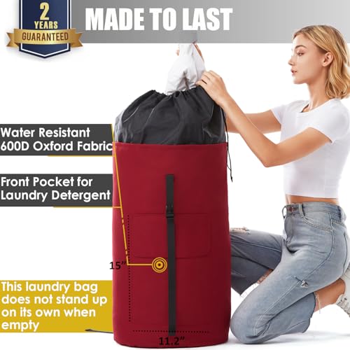 Backpack Laundry Bag, 115L Heavy Duty Extra Large College Laundry Backpack, Dirty Clothes Bag with Shoulder Straps, Laundry Hamper Bag with Drawstring Closure for College Dorm, Apartment Red - color: Red