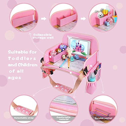 Bundle–2 Items: MENZOKE Car Seat Tray with Dry Erase Board and Cooler Cup Holder, Pink & Magic Pink