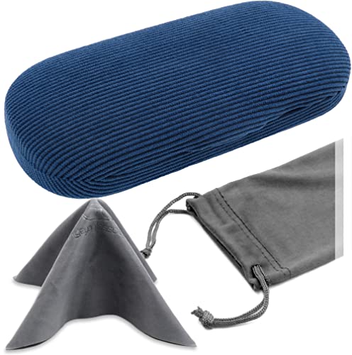 MyEyeglassCase Men's Medium Glasses Case - Classic Eyeglasses Hard Shell Holder, Elegant Easy Open Lip with Pouch and Cloth - color: As196 Codruroy Blue