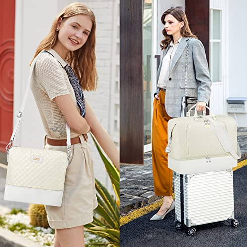 TIBES Travel Weekender Bag for Women, Overnight Bag with Shoe Compartment - color: J-Beige Diamond 3pcs
