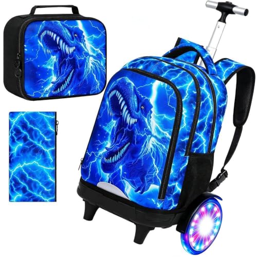 20 Inches Large Wheels Rolling Backpack for Boys with Light Up, 3Pcs Kids Lightning Dinosaur Wheeled Backpack Set for Elementary School (Blue) - color: Lightning Dinosaur(large Wheels)