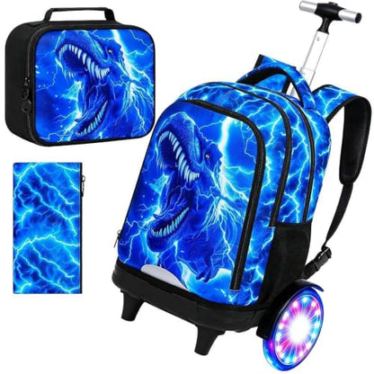 20 Inches Large Wheels Rolling Backpack for Boys with Light Up, 3Pcs Kids Lightning Dinosaur Wheeled Backpack Set for Elementary School (Blue) - color: Lightning Dinosaur(large Wheels)