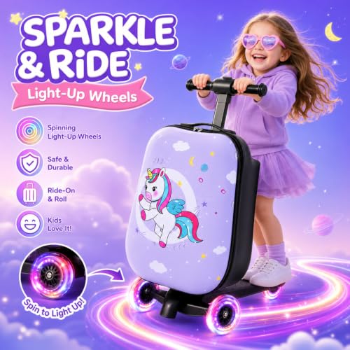 Kids Ride-On Luggage, Scooter Carry-On Suitcase with LED Wheels, 22-inch - color: Purple Cute Pony