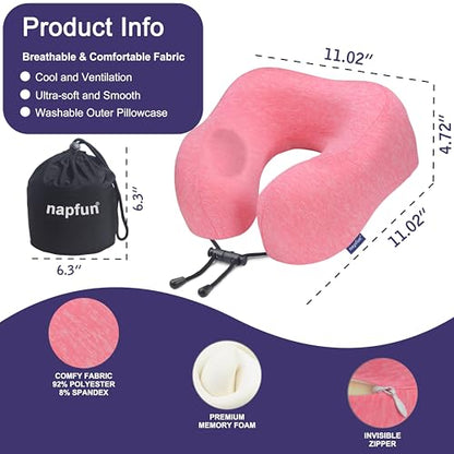 napfun Neck Pillow for Travel, Memory Foam Airplane Pillow, Rose - color: Rose