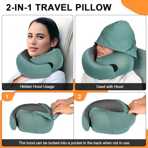 Travel Pillow - Hooded Neck Pillow Airplane Memory Foam Filling - color: Green