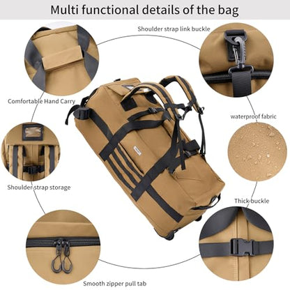 80L Travel Rolling Duffel Bag with wheels, Military Tactical Wheeled Foldable for Deployment Travel Camping Sports - color: Khaki（Adjustable handle）