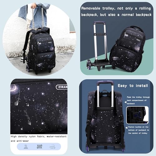 3Pcs Galaxy Boys Rolling Backpack Set with Lunch Bag, Galaxy Print Kids Backpack for Boys with Wheels - color: 3pcs-galaxy-black+blue