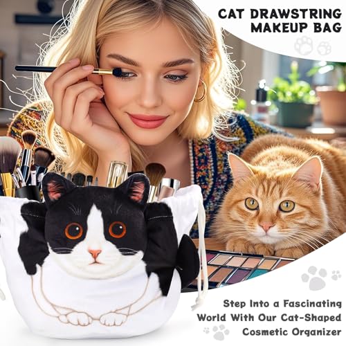 Drawstring Makeup Bag, Cat Makeup Bag, Travel Makeup Organizer, Cosmetic Pouch Bag, Cat Gift for Women, Lay Flat Makeup Bag Gifts for Cat Lovers - color: White and Black Cat