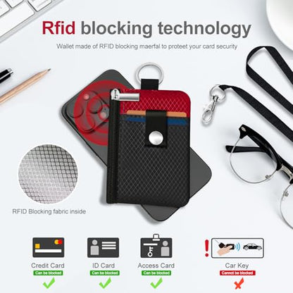Minimalist RFID Blocking Small Wallet with ID Window,WaterResistant Zip Id Case Wallet with Lanyard Keychain for Cards,Cash,Travel,Women,Men (Black/Red) - color: Black/Red