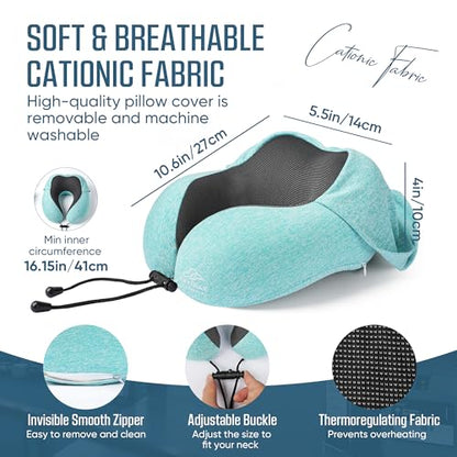 SkytraxComf® Travel Neck Pillow with Hood for Privacy on Long Flights - color: Mint Blue