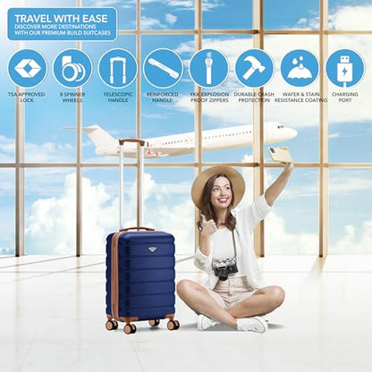 Flight Knight 21.5x15.5x9 Expandable Carry On Suitcase Hardside TSA Lock & USB C Port Lightweight Luggage Silent Double Spinner Wheels Maximum Canada Air Overhead Bag Airlines Approved Navy/Tan - color: Navy/Tan, size: 21.5x15.5x9"