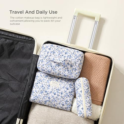 HBselect Quilted Makeup Bag, 3Pcs Cotton Large Travel Makeup Bags Organizer - color: A-3PCS-Floral 42