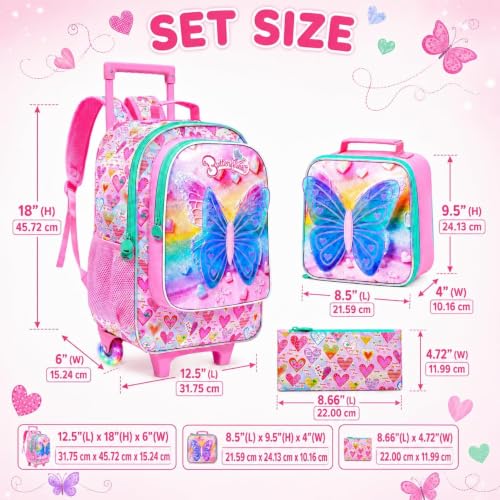 AGSDON 3PCS Rolling Backpack for Girls Boys, Kids Roller Wheels Bookbag, Wheeled School Bag with Lunch Bag - color: Rolling Butterfly Pink Backpack