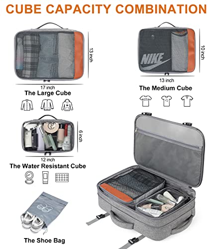 Lumesner 18" Expandable Carry On Travel Backpack With 4 Packing Cubes - color: Grey, size: 18 inches