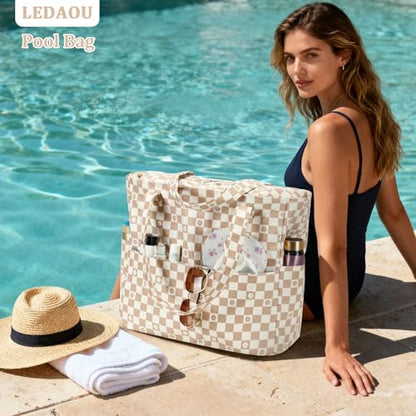 LEDAOU Large Beach Bag for Women, Waterproof Sandproof Tote Bag with Zipper - color: Brown-white