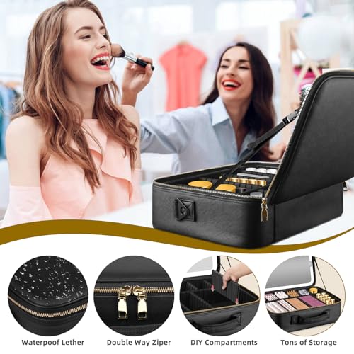 15''X11'' Large Makeup Bag with Removable Lighted Mirror, PU Leather - color: Black-Removable Mirror