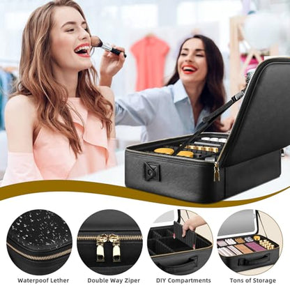 15''X11'' Large Makeup Bag with Removable Lighted Mirror, PU Leather - color: Black-Removable Mirror