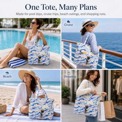 LEDAOU Beach Bag Waterproof Sandproof Women Beach Tote Pool Bag with Zipper for Swim Gym Grocery Travel with Wet Pocket - color: Blue Waves