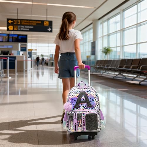 Meetbelify 3 in 1 Backpack with Wheels for Girls Rolling Letter Backpack Cute Carry on Backpack Kids Luggage with Lunch Box Pencil Case for Elementary Student - color: Purple Leapoard