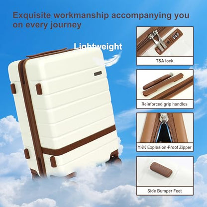 7 Piece Luggage Set for Family Travel, Lightweight Hardshell PC+ABS Suitcases set, Suitcase with 8 Smooth Spinner Wheels, TSA Lock, YKK Zippers(Beige) - color: Beige, size: 7 piece set (14"/18"/20"/24"/28")