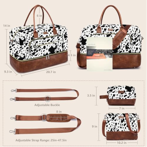 Large Women Travel Weekender Bag: Carry on Duffle with Shoe Compartment - color: Black Cow Print