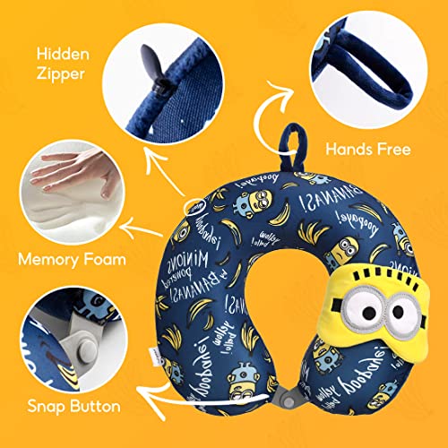 MINISO Minions 여행용 목 베개, 아이 마스크 포함, 귀여운 만화 100% 메모리 폼 목 지지 베개, 비행기, 자동차 및 가정용 경량 여행용 베개 세트
