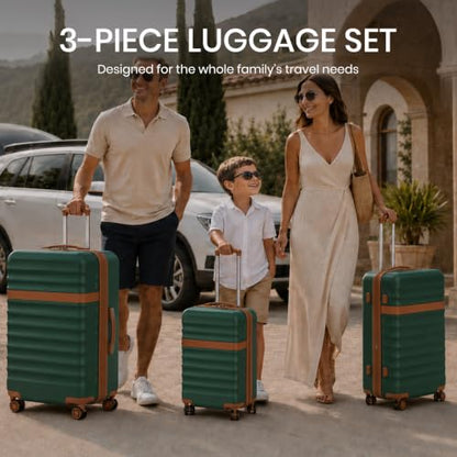 Kono 3-Piece Luggage Set 20/24/28in Expandable Hardside TSA Lock Green - color: Green/Brown, size: 3-piece set (20/24/28)