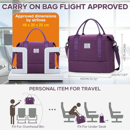 Travel Duffel Weekender Bag Women Tote Carry On Bags With Shoe Compartment - color: E20-DeepPurple, size: Large