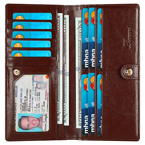 Lavemi Ultra Slim Thin Leather Women Wallet RFID Blocking Credit Card Holder Bifold Long Ladies Billfold - color: 1-waxed Coffee