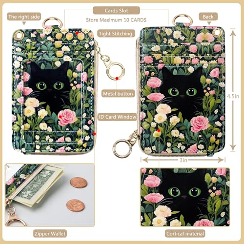 2-in-1 ID Badge Holder & Lanyard Wallet Cute Women Leather Zip ID Case Wallet with Breakaway Wrist Neck Lanyard, Clear Window, 5 Card Slots, Ring Keychain for Worker Teacher Floral Halloween Black Cat - color: Flower Black Cat