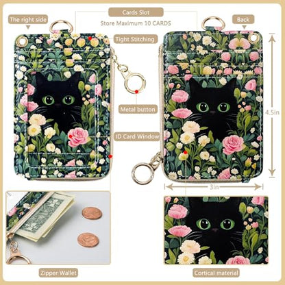 2-in-1 ID Badge Holder & Lanyard Wallet Cute Women Leather Zip ID Case Wallet with Breakaway Wrist Neck Lanyard, Clear Window, 5 Card Slots, Ring Keychain for Worker Teacher Floral Halloween Black Cat - color: Flower Black Cat