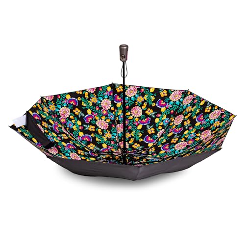 Totes Reverse Close Folding Inbrella with Auto Open Close and Compact - color: BLACK ELECTRIC FLORAL, size: 43" Canopy