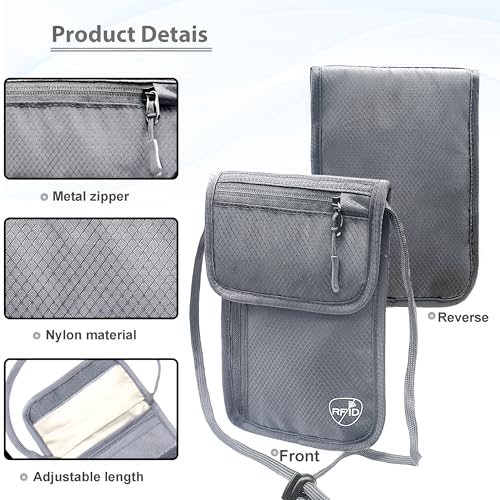 SUPACOOL Neck Wallet, RFID Blocking Passport Holder, Travel Pouch, Hidden Neck Pouch for Travel(Grey) - color: Grey