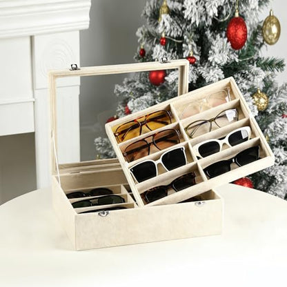 Frebeauty 16-Slot Sunglass Organizer Box,2 Layer Velvet Sunglasses Holder - color: Beige