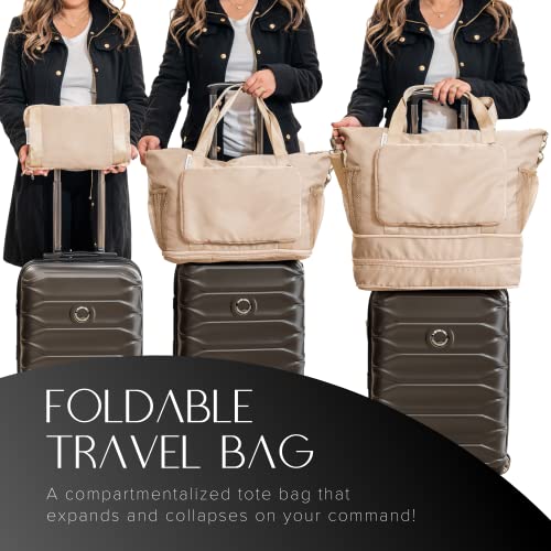 Large Travel Bag - Foldable & Expandable Carry-On Bag with Shoe Compartment, Water Bottle Pocket, Luggage Sleeve, Cosmetic Case - color: Beige