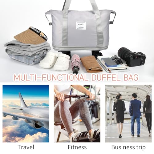 VOOWO Rolling Duffle Bag, Expandable Foldable Carry On Luggage with Wheels, Large Weekend Bag (Grey) - color: Grey